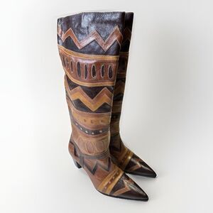 Vintage Mambo Italy Leather Boots 10M – Patchwork Zigzag Western Boho Mod Retro